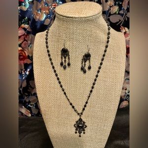 Art Deco Inspired Black Pendant Necklace with Matching Earrings